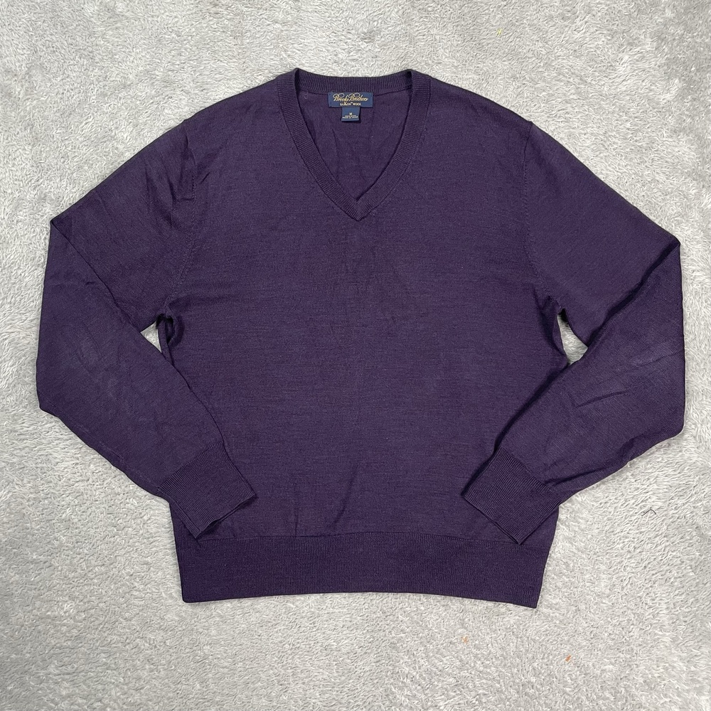 Brooks Brothers Sweater Mens Medium Purple Saxxon Wool V Neck Pullover Knit